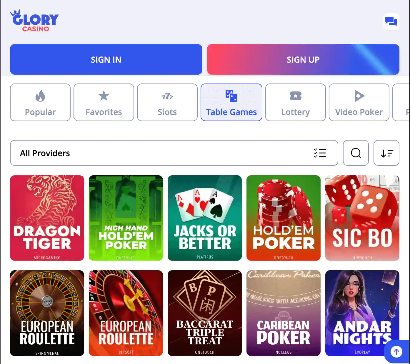 Glory Casino Table games